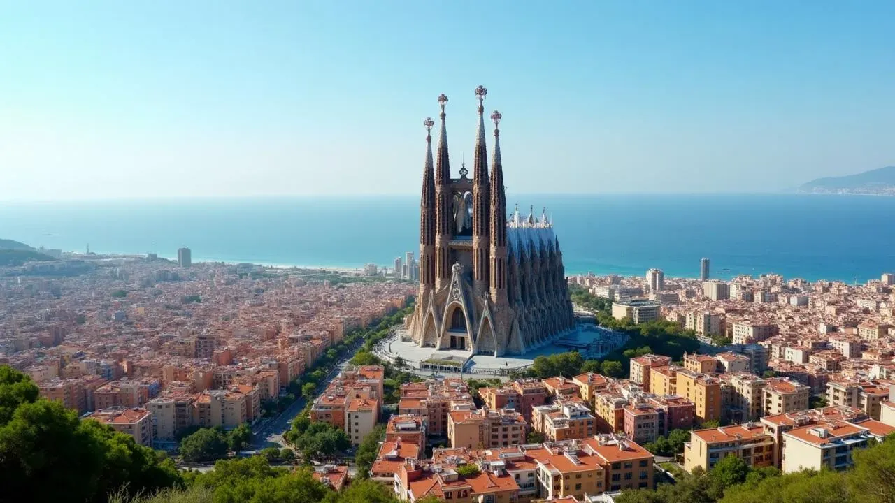 Barcelona cityscape panorama with historic architecture and coastal views