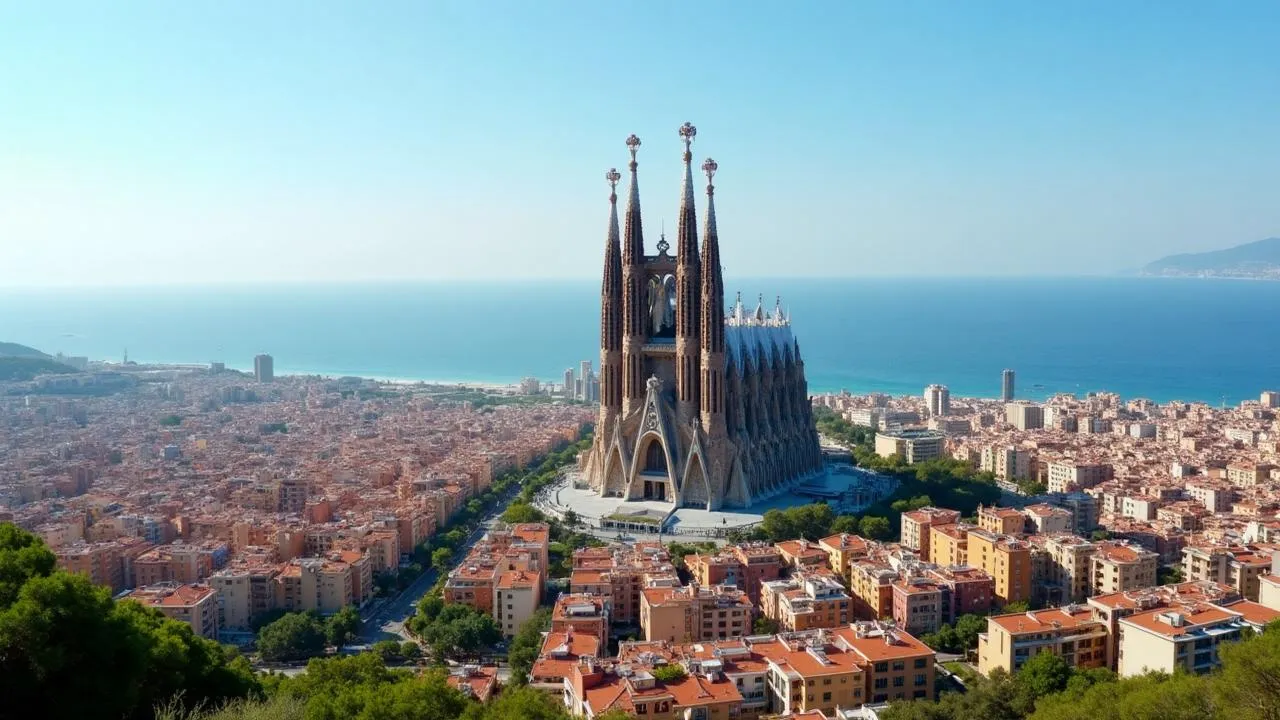 Barcelona cityscape panorama with historic architecture and coastal views