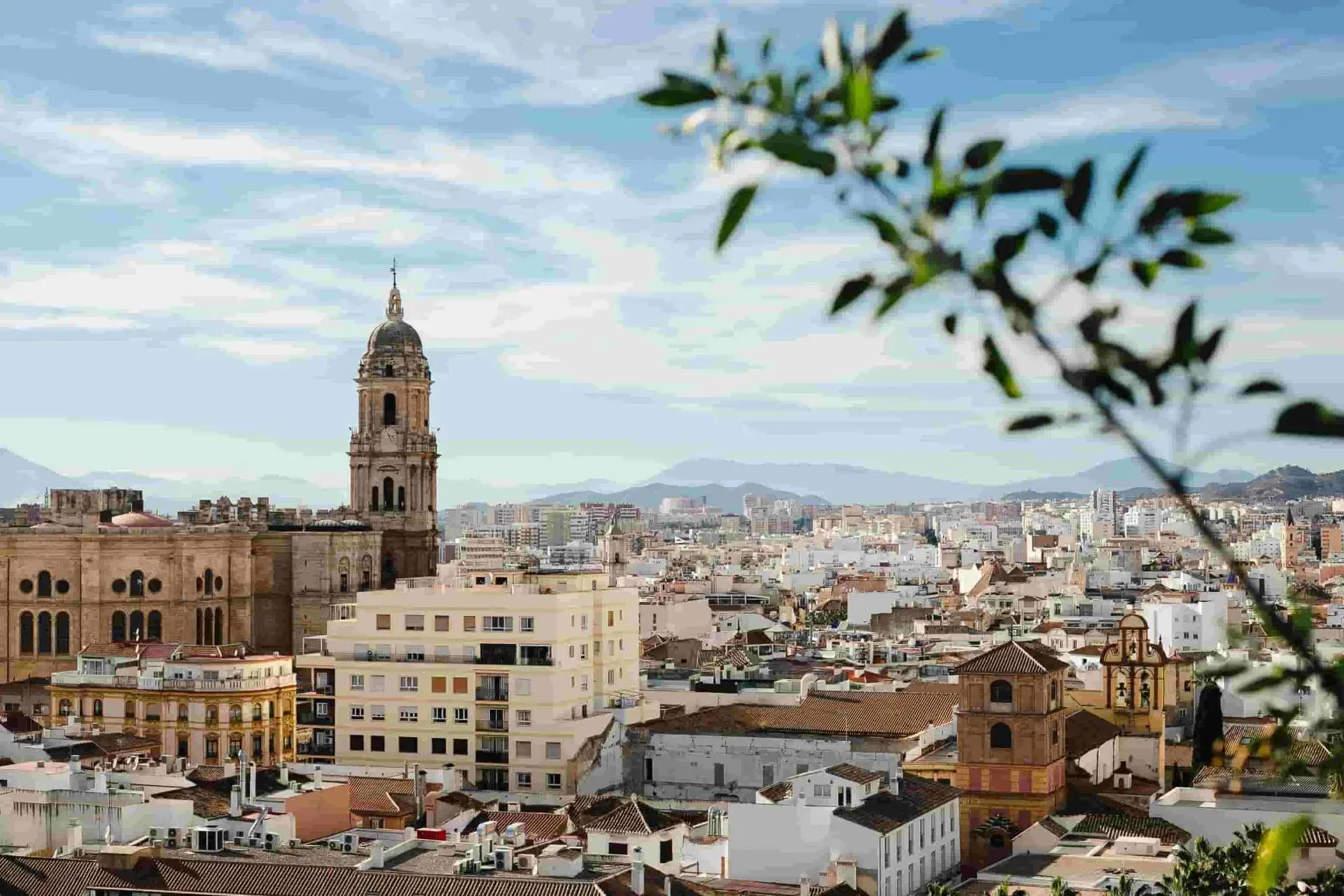 Málaga city skyline with cathedral and mountains, a popular place for expats in southern Spain